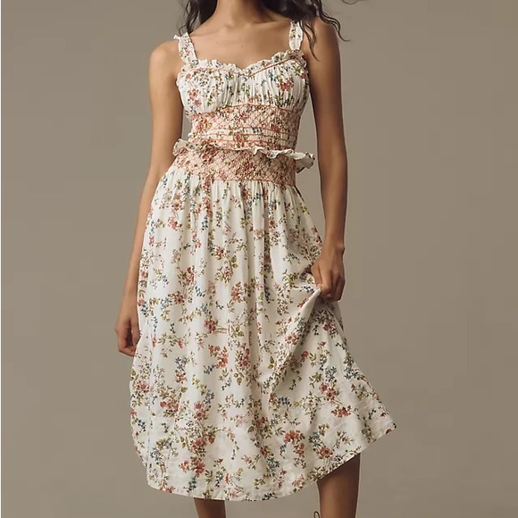 NWT Anthropologie Sleeveless Smocked-Waist Ruffled Midi Dres. Size Small